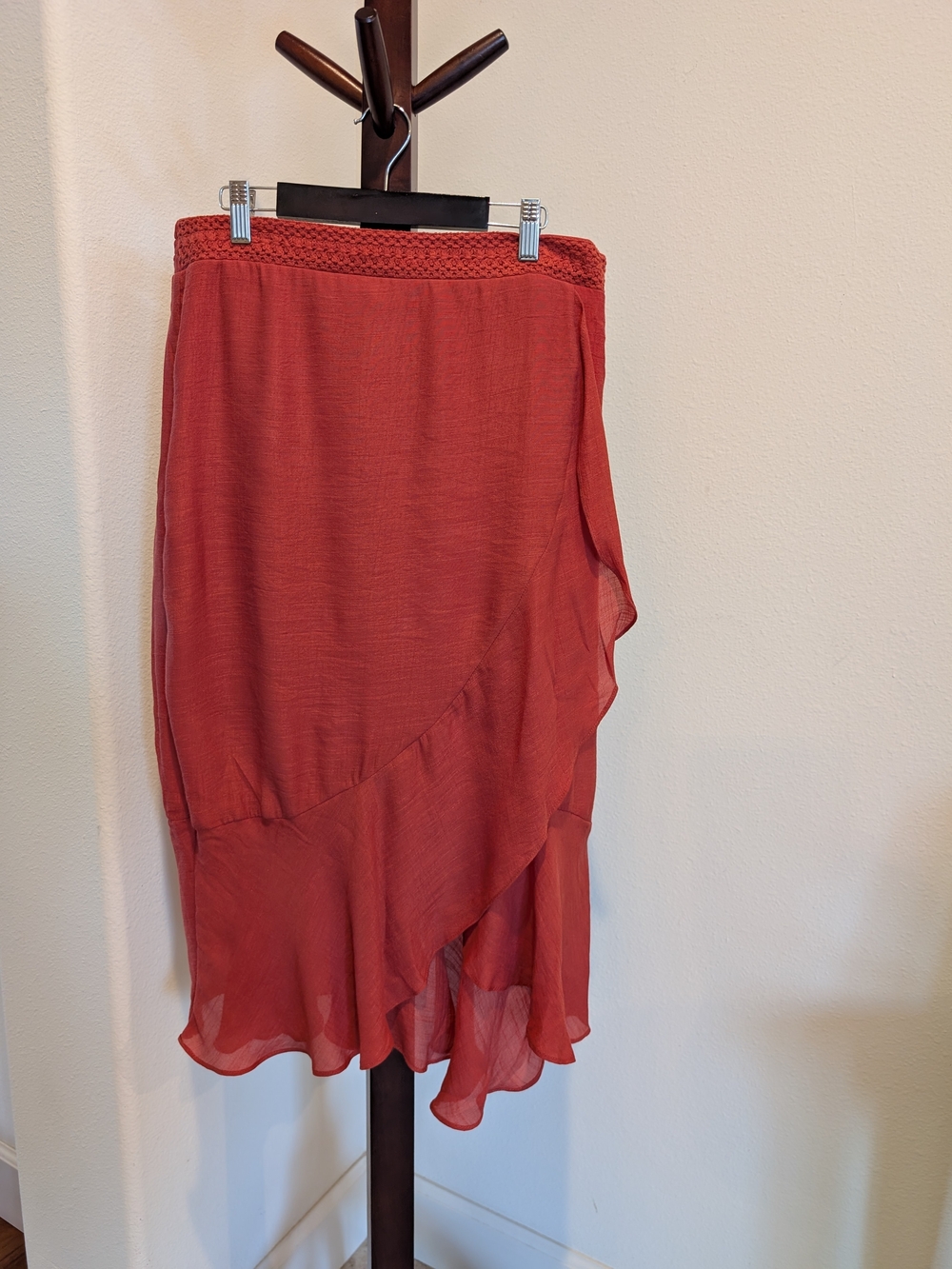 Rust Red Ruffled Midi Skirt - Size L, NEW